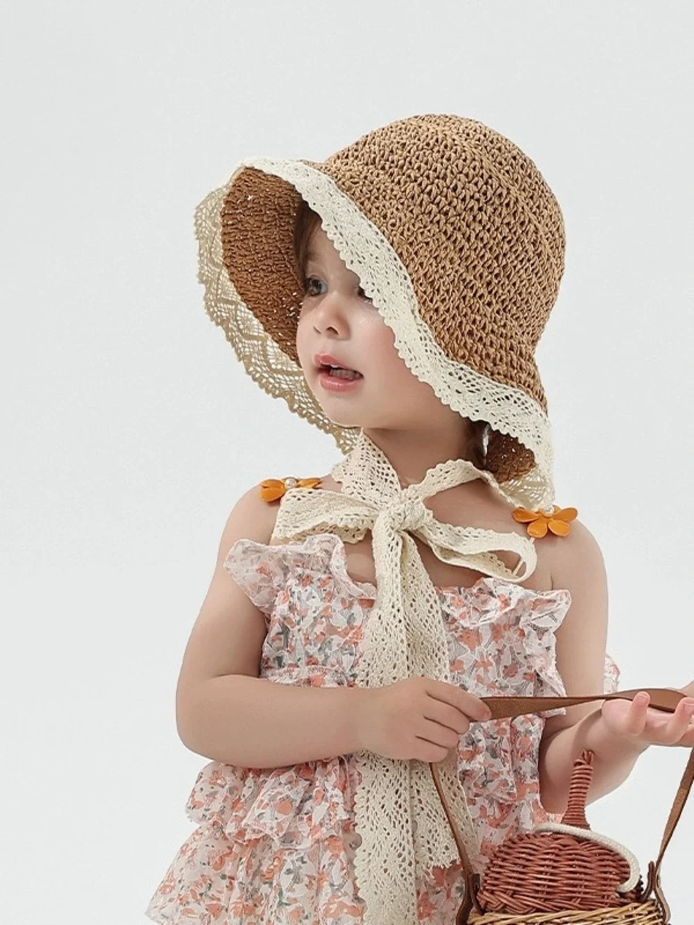 Crocheted Girls' Sun Hat with Lace Trim - Tan & Cream